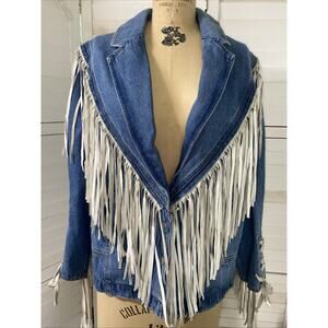 New W/ Tags Women’s Oversized Blue Denim Jacket White Fringe Southwest Medium